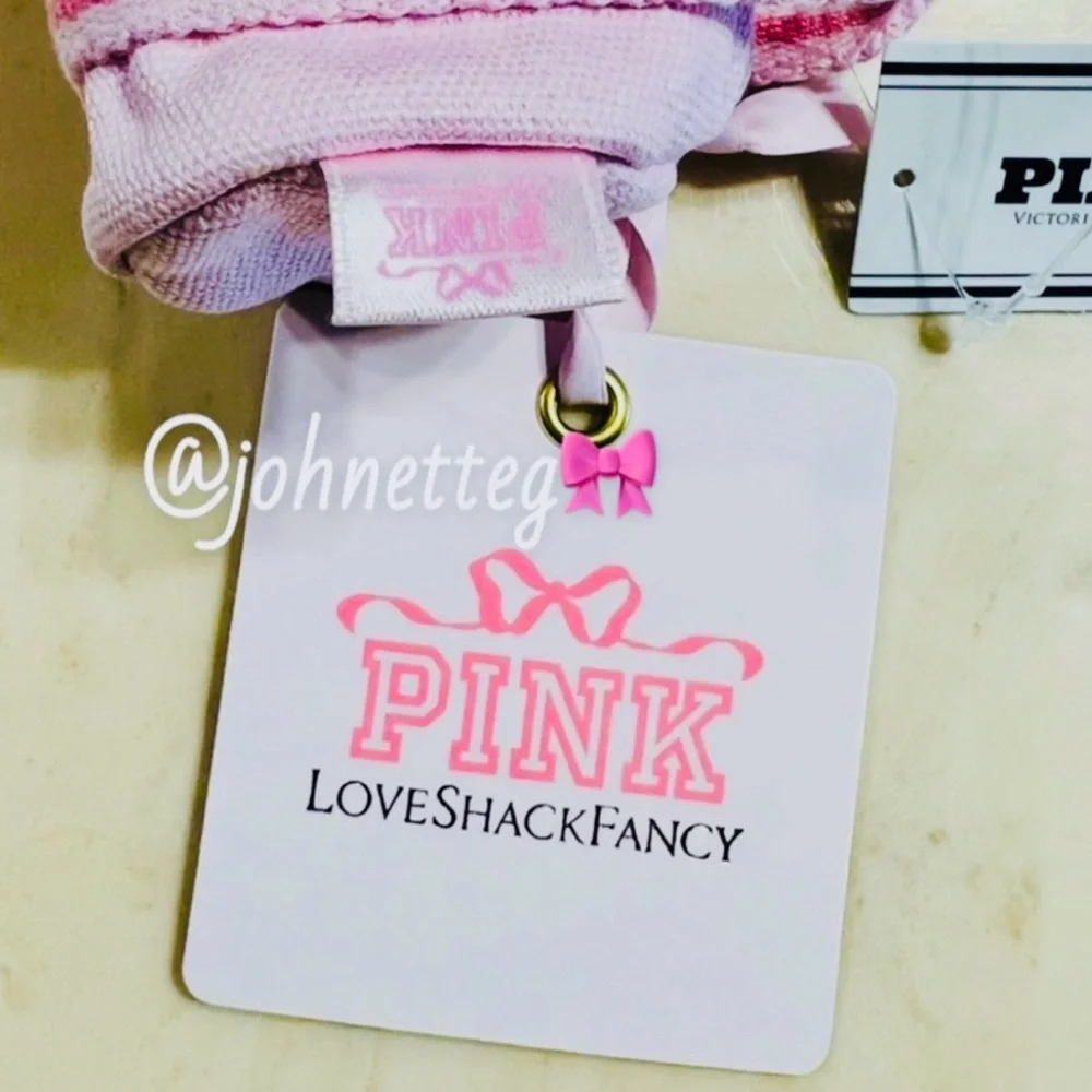 🎀PINK x LoveShackFancy Mini Duffle Bag Keychain Bag Charm Pink Tulip “P” Logo